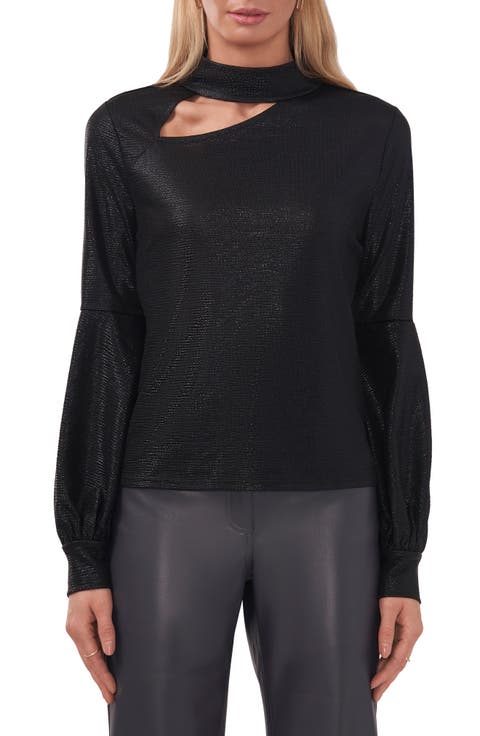 Metallic Mock Neck Cutout Top
