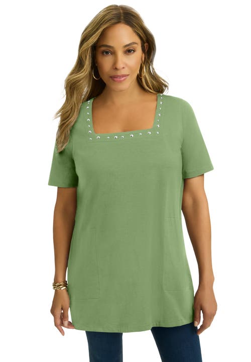 Jessica London Stretch Cotton Studded Square Neck Tunic In Green