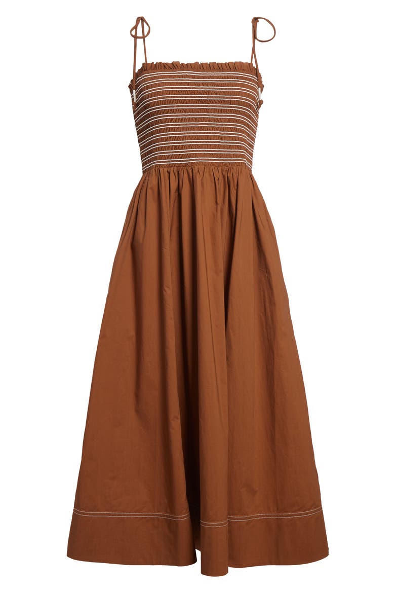 Kaela Smocked Tie Strap Midi Dress, Alternate, color, WHISKY