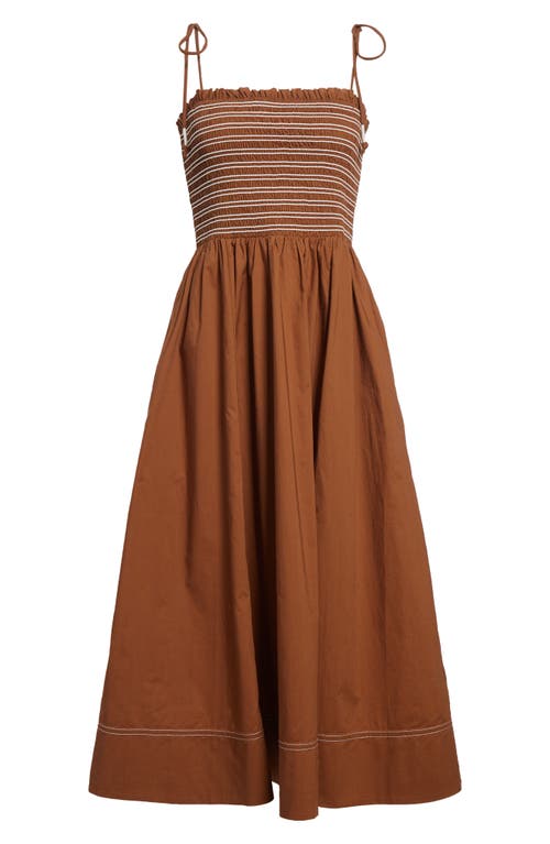 Veronica Beard Kaela Smocked Tie Strap Midi Dress In Brown