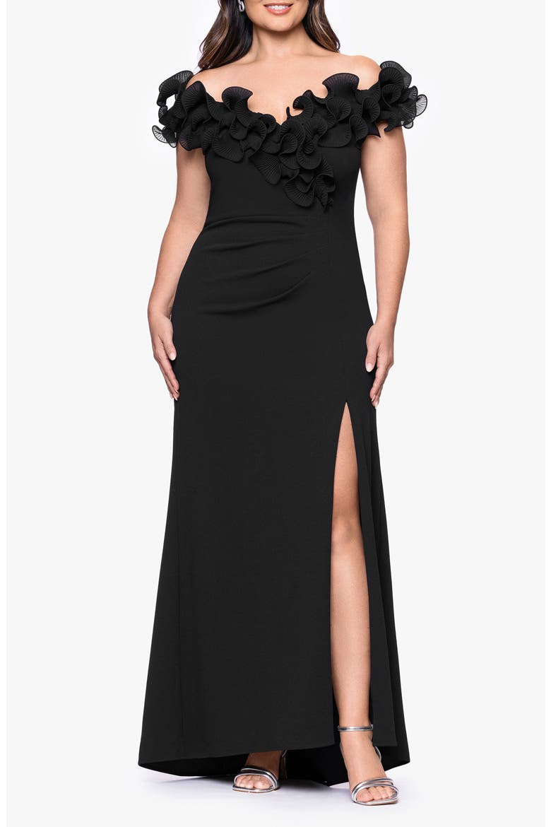 Ruffle Scuba Knit Sheath Gown, Main, color, BLACK
