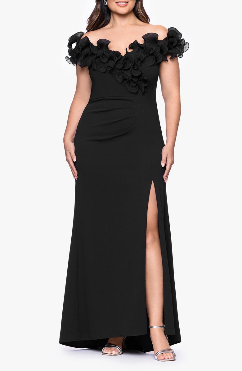 Xscape Evenings Ruffle Scuba Knit Sheath Gown, Main, color, Black