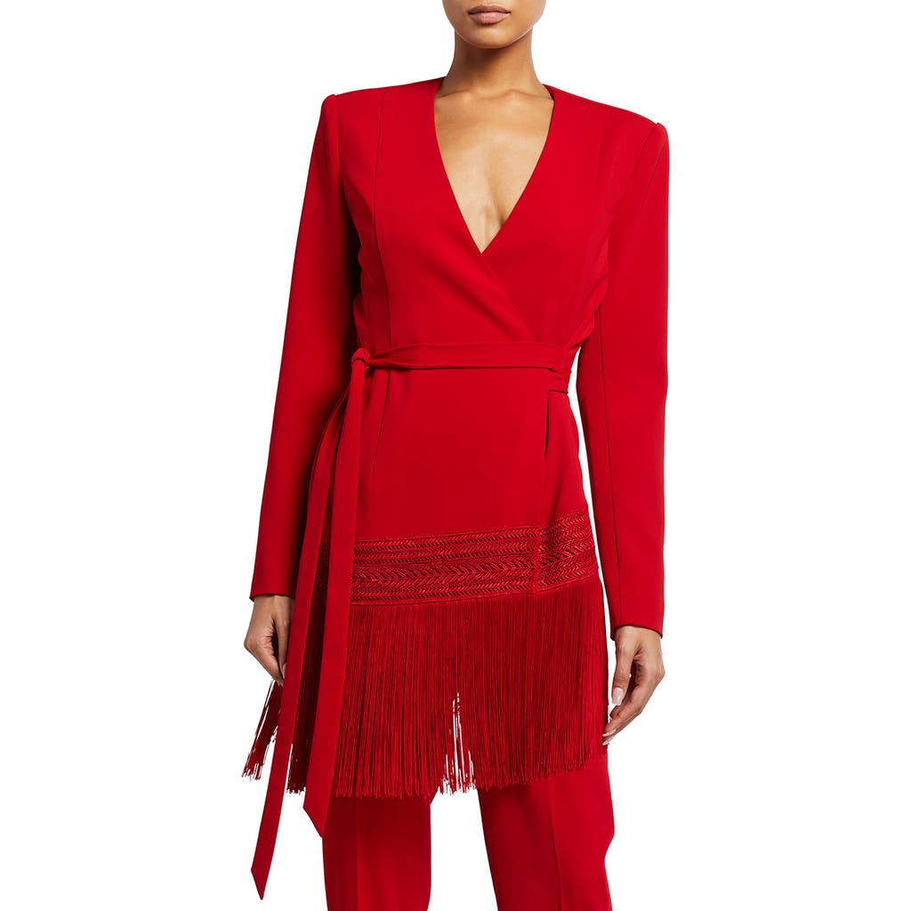 Badgley Mischka Fringe Trim Wrap Jacket In Red