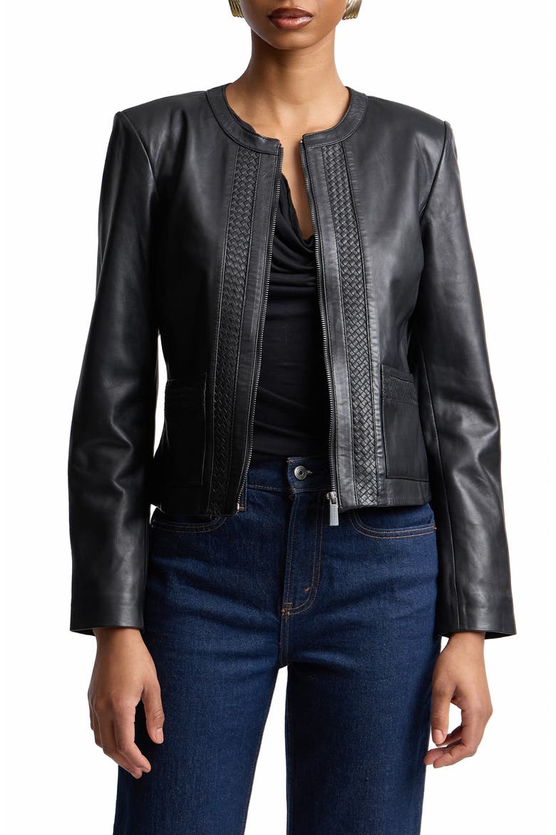 Basketweave Detail Leather Jacket, Alternate, color, BLACK