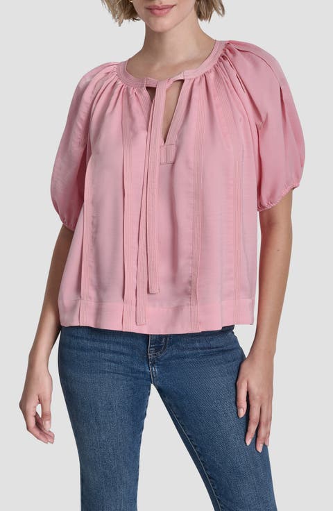 Puff Sleeve Contrast Stitch Tie Front Top