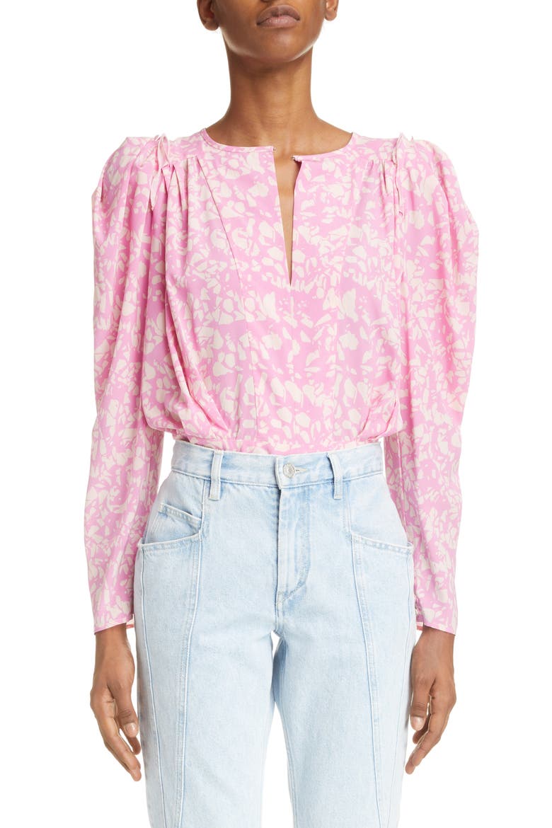 Zarga Keyhole Puff Sleeve Silk Blouse, Main, color, PINK