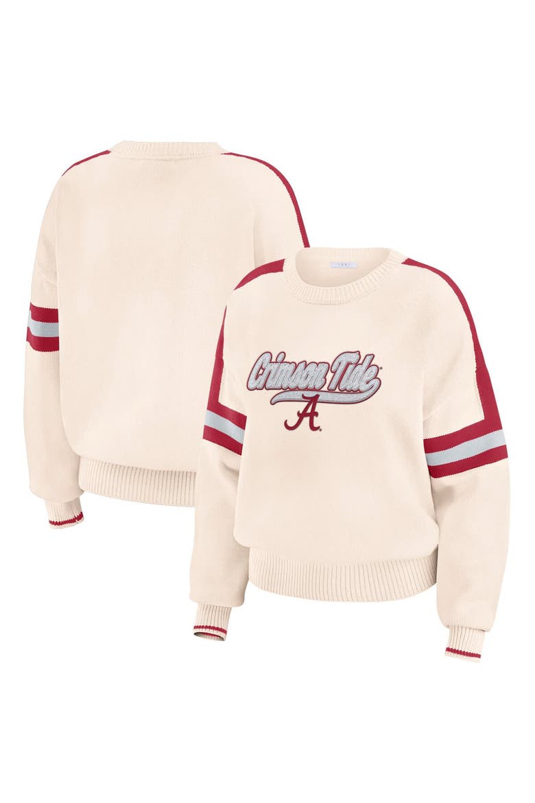 Women's WEAR by Erin Andrews  Cream Alabama Crimson Tide Chenille Woven Patch Stripe Pullover Sweater, Main, color, Cream