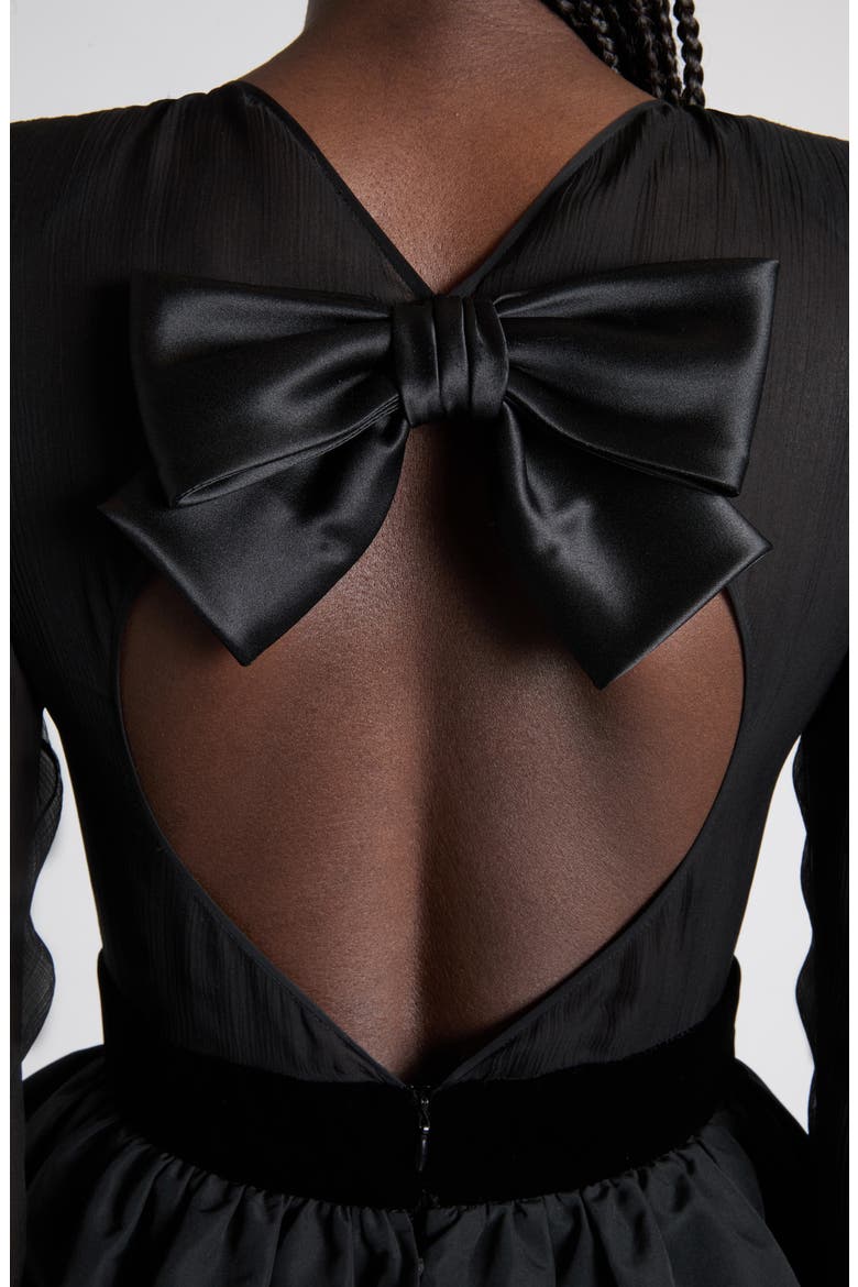 Bow Detail Long Sleeve Chiffon, Faille & Sablé Velvet Gown, Alternate, color, BLACK