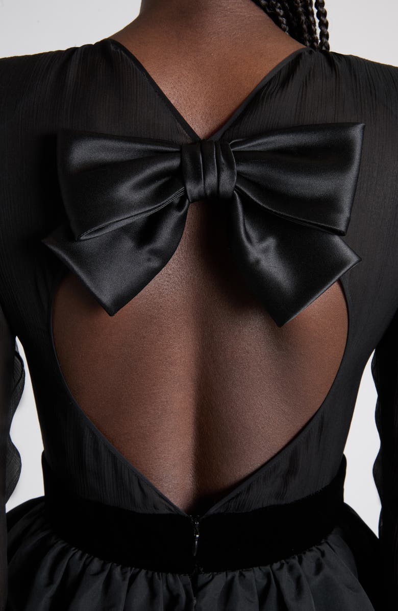 Valentino Bow Detail Long Sleeve Chiffon, Faille & Sablé Velvet Gown, Alternate, color, Black