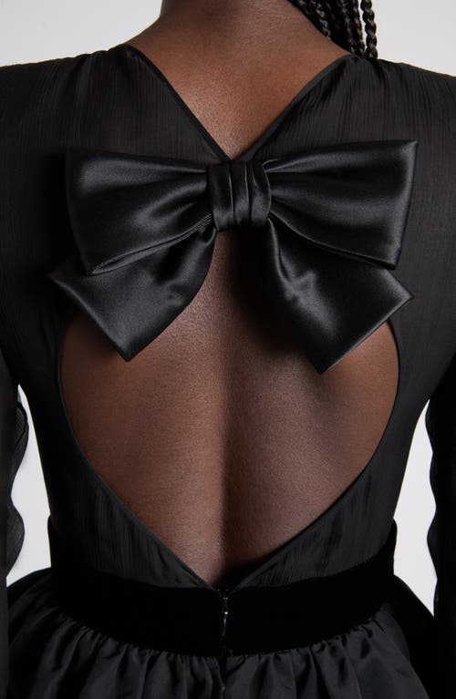 Valentino Bow Detail Long Sleeve Chiffon, Faille & Sablé Velvet Gown In Black