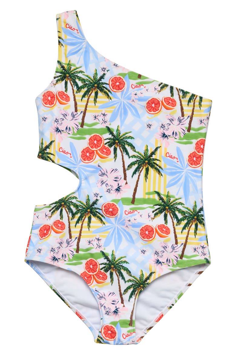 Kids' Ciao Paradiso One-Shoulder Swimsuit, Main, color, BLUE
