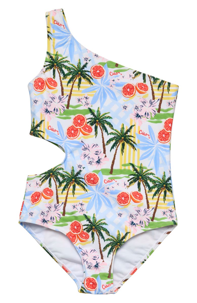 Snapper Rock Kids Ciao Paradiso One-Shoulder One-Piece Swimsuit, Main, color, Blue