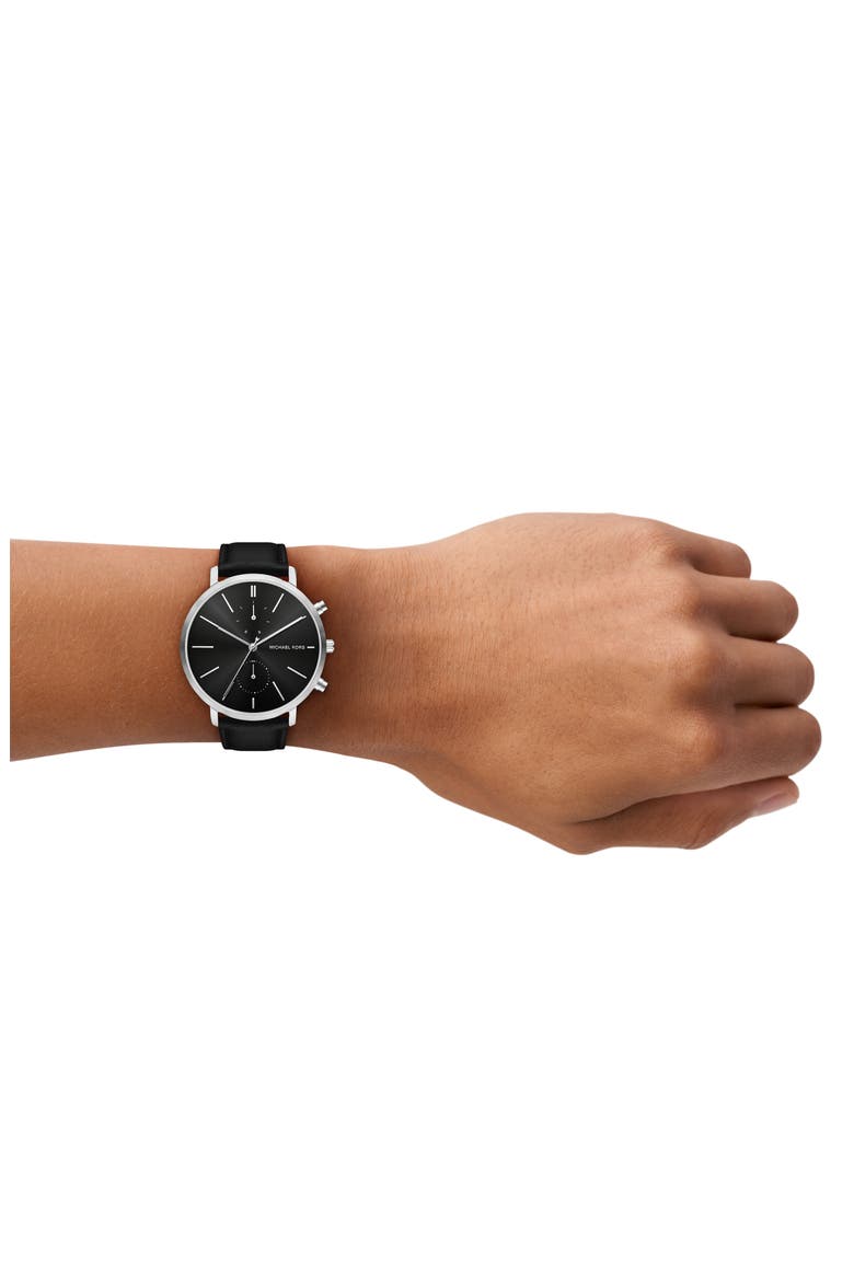 Blake Multifunction Leather Strap Watch, 42mm, Alternate, color, SILVER
