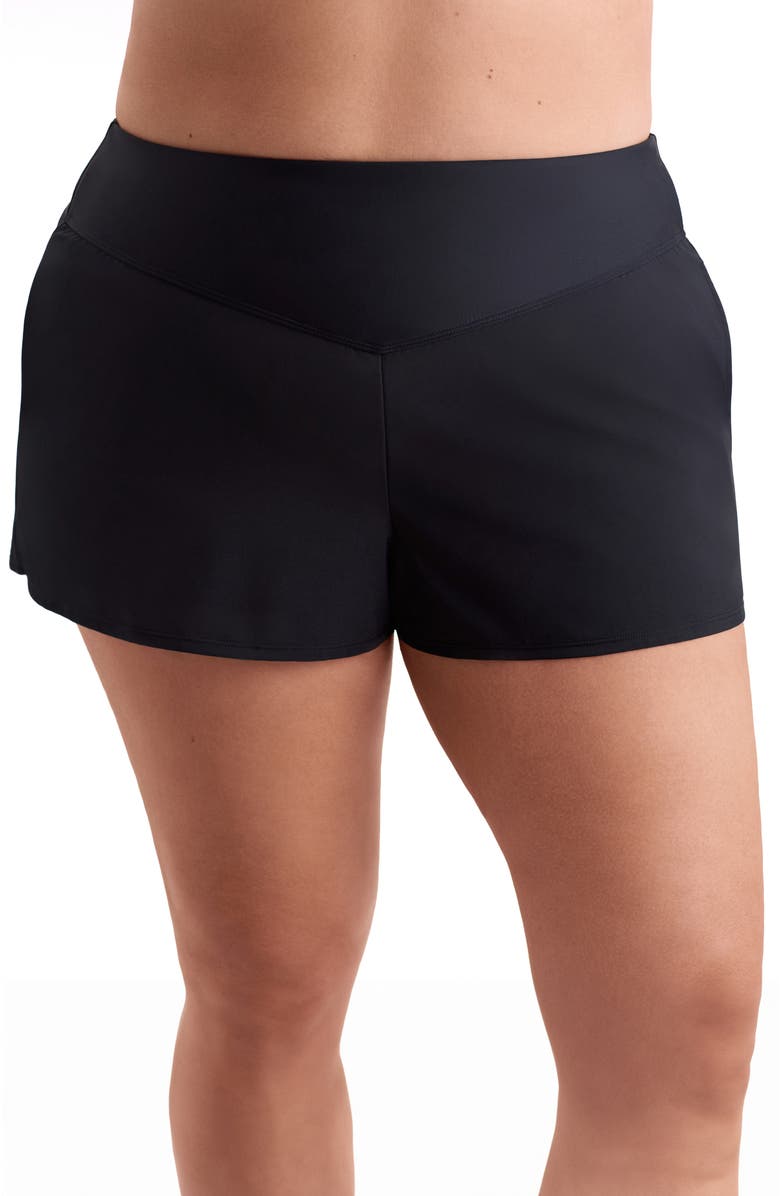 ShapeSolver Sport Vee Band Chlorine Resistant Flare Swim Short, Main, color, Black