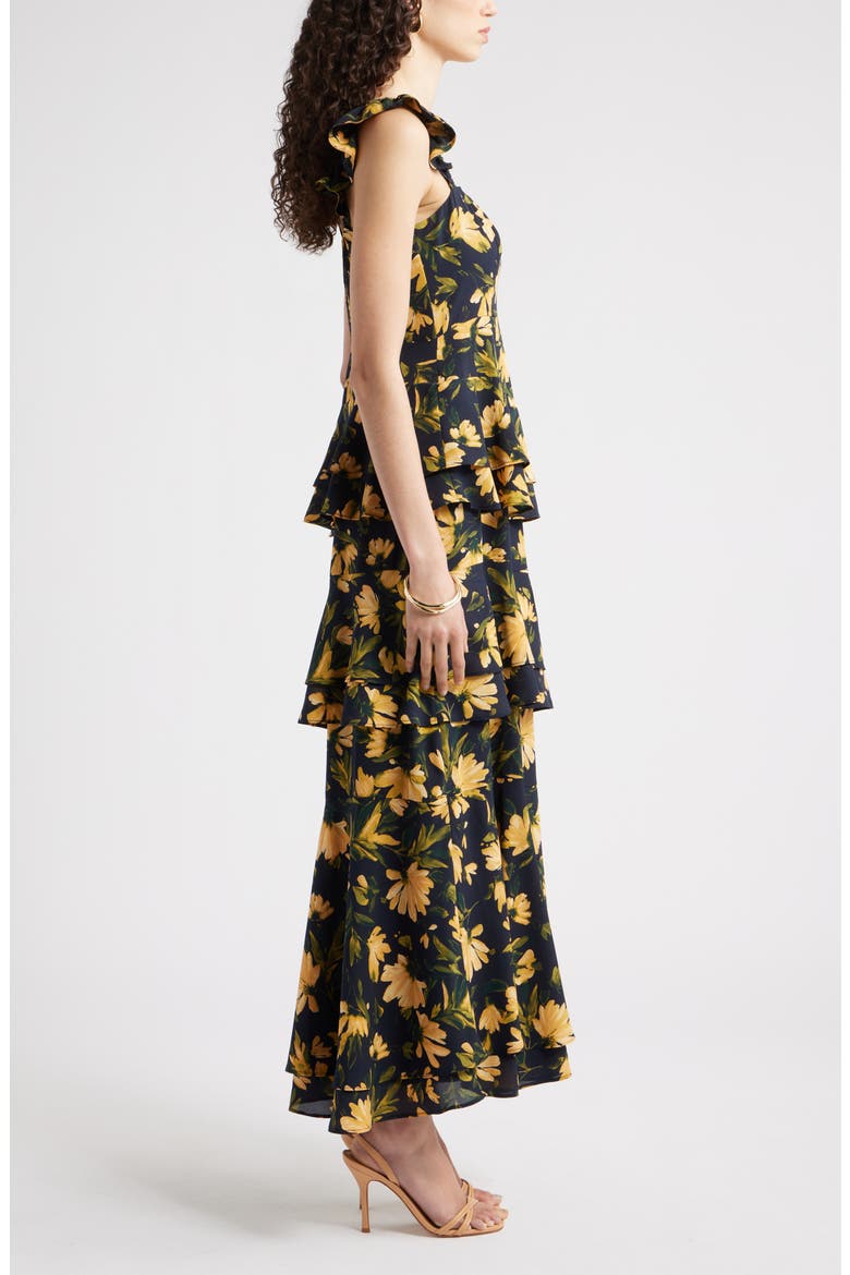 Tiered Asymmetric Ruffle Maxi Dress, Alternate, color, NAVY- YELLOW ARIA FLORAL