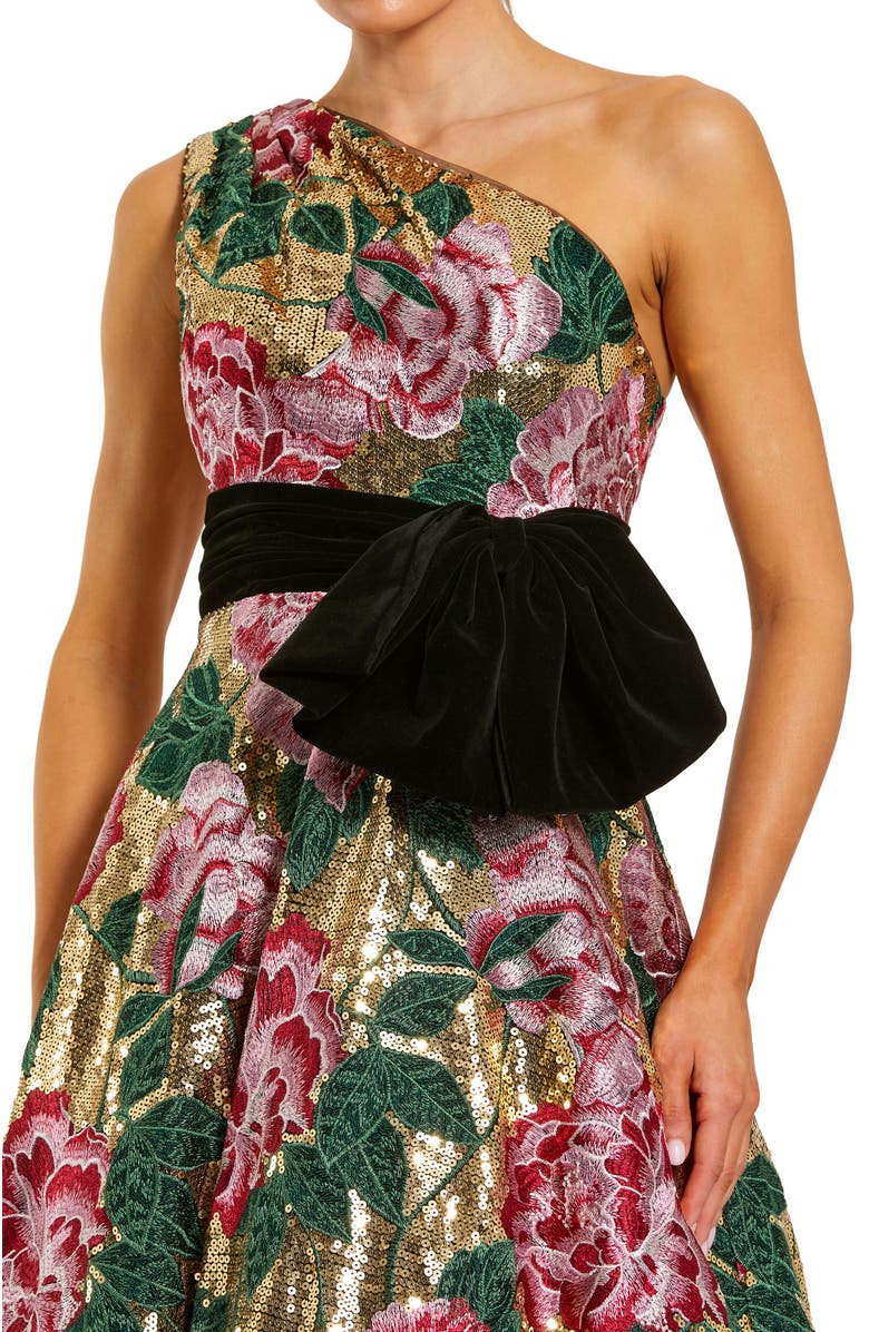Mac Duggal One Shoulder Sequin Ballgown With Velvet Bow, Alternate, color, Gold Multi
