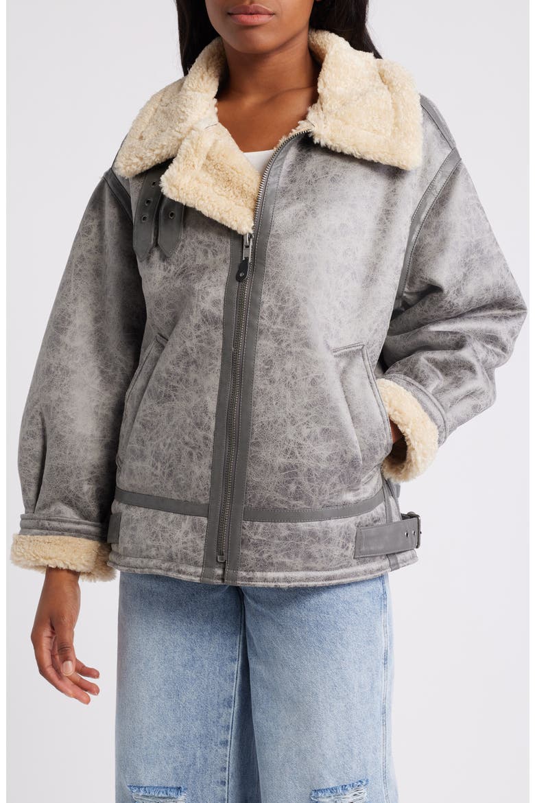 Faux Leather Longline Aviator Jacket, Alternate, color, GREY