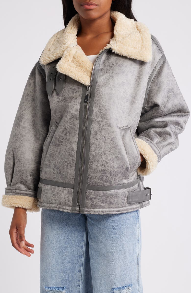 BDG Urban Outfitters Faux Leather Longline Aviator Jacket, Alternate, color, Grey