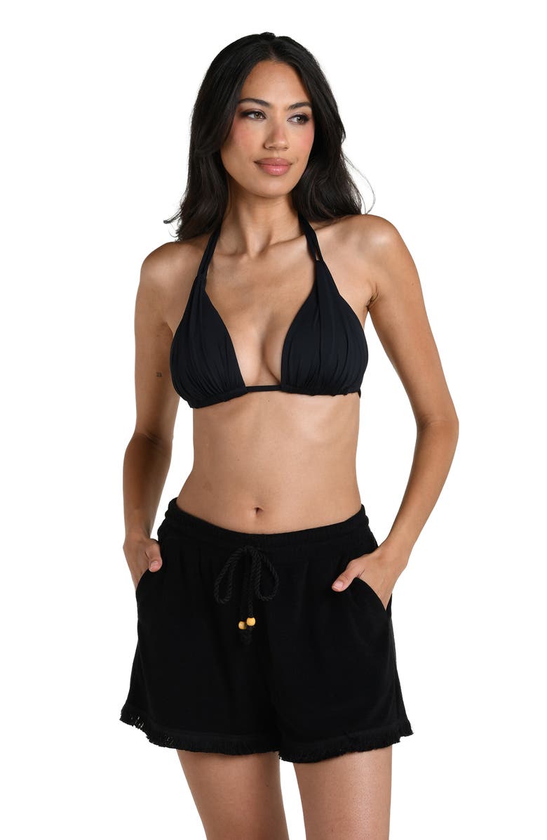 La Blanca Wild Beach Fringe Drawstring Shorts, Alternate, color, Black