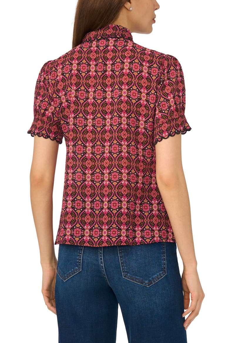 Paisley Puff Sleeve Crepe Button-Up Shirt, Alternate, color, RICH BLACK/ BURGUNDY