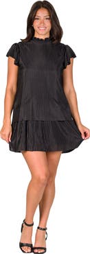 24seven Comfort Apparel Ruffle Cap Sleeve High Neck Pleated Tiered Mini Dress