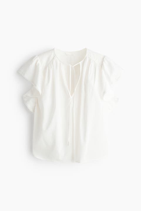 Flutter-sleeved Lace-trimmed Blouse