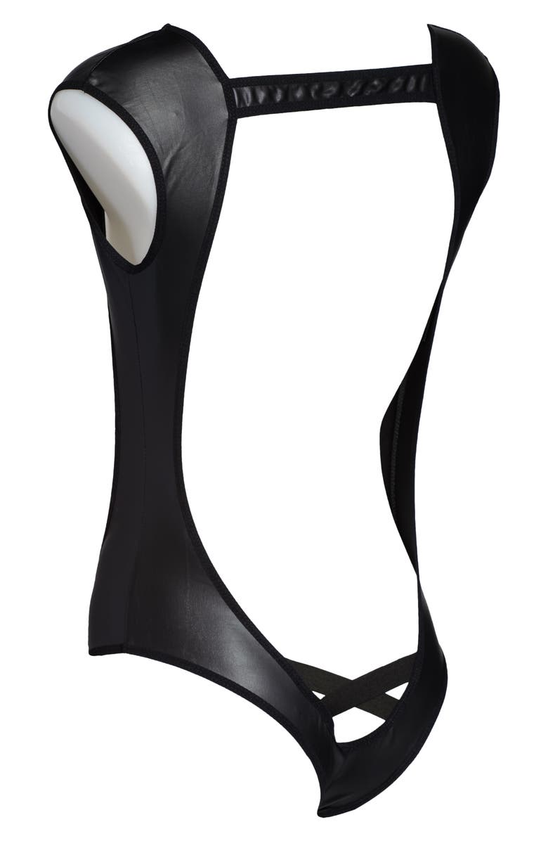 Hauty Open Bust Faux Leather Teddy, Alternate, color, 