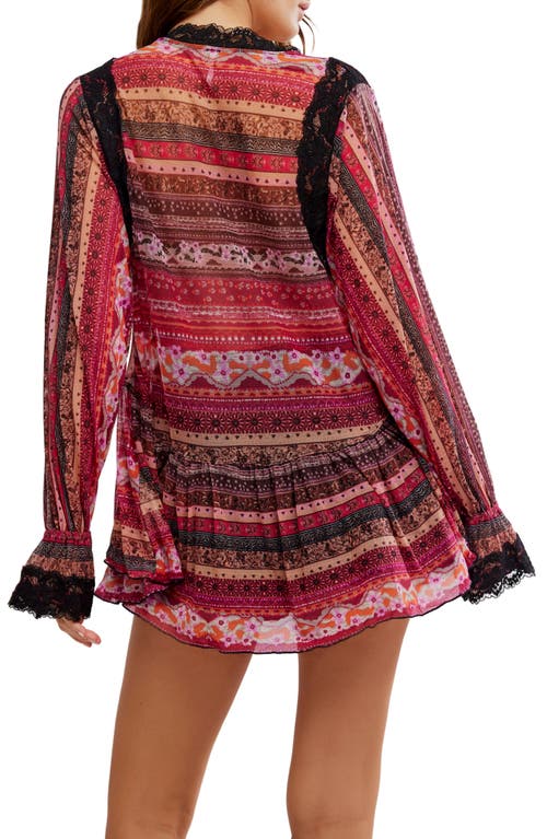 Free People Natalie Print Lace Long Sleeve Minidress In Plum Combo