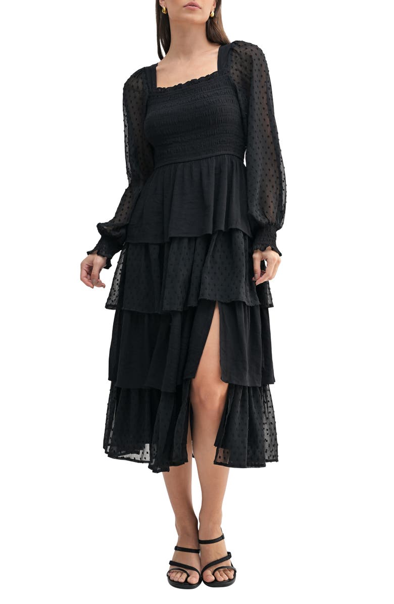 Mila Mae Swiss Dot Long Sleeve Chiffon Tiered Dress, Main, color, 