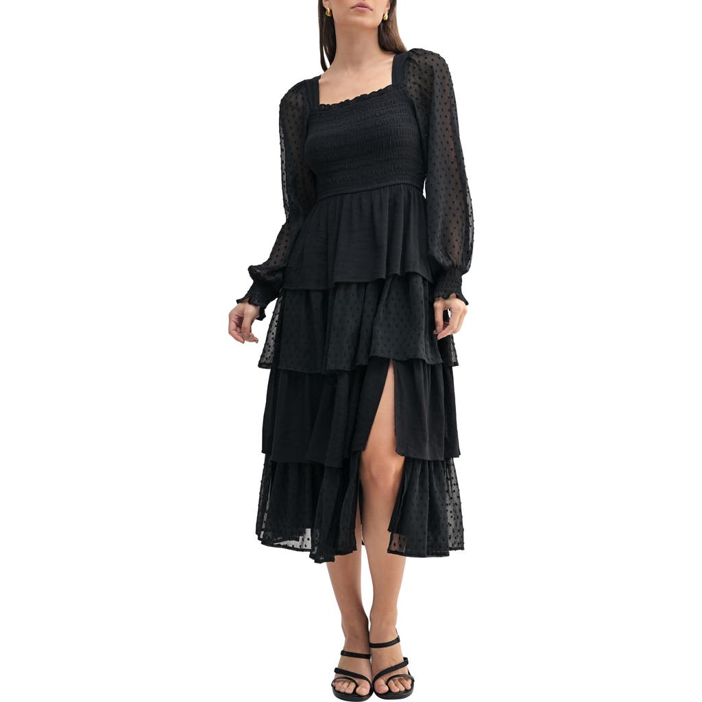 Mila Mae Swiss Dot Long Sleeve Chiffon Tiered Dress In Black