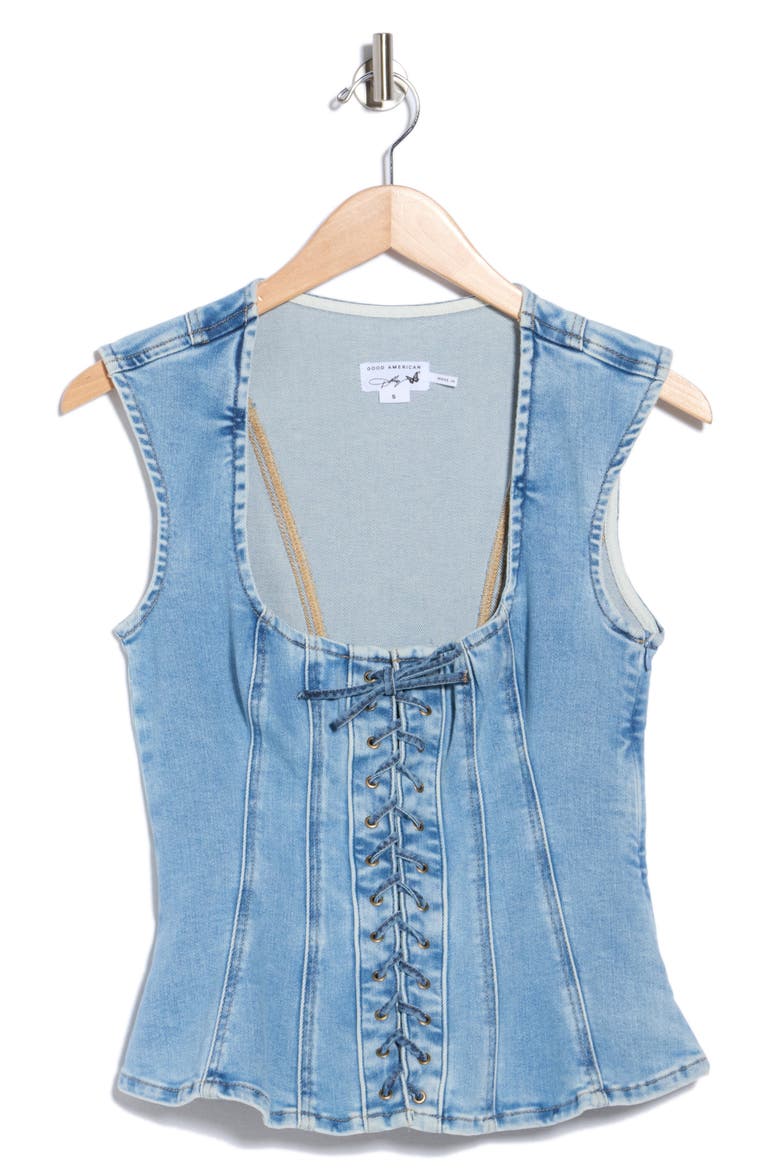 Dolly Lace Up Denim Peplum Top, Main, color, INDIGO1090