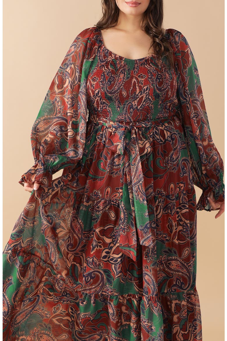 Paisley Smocked Long Sleeve Maxi Dress, Alternate, color, WINE/ TEAL