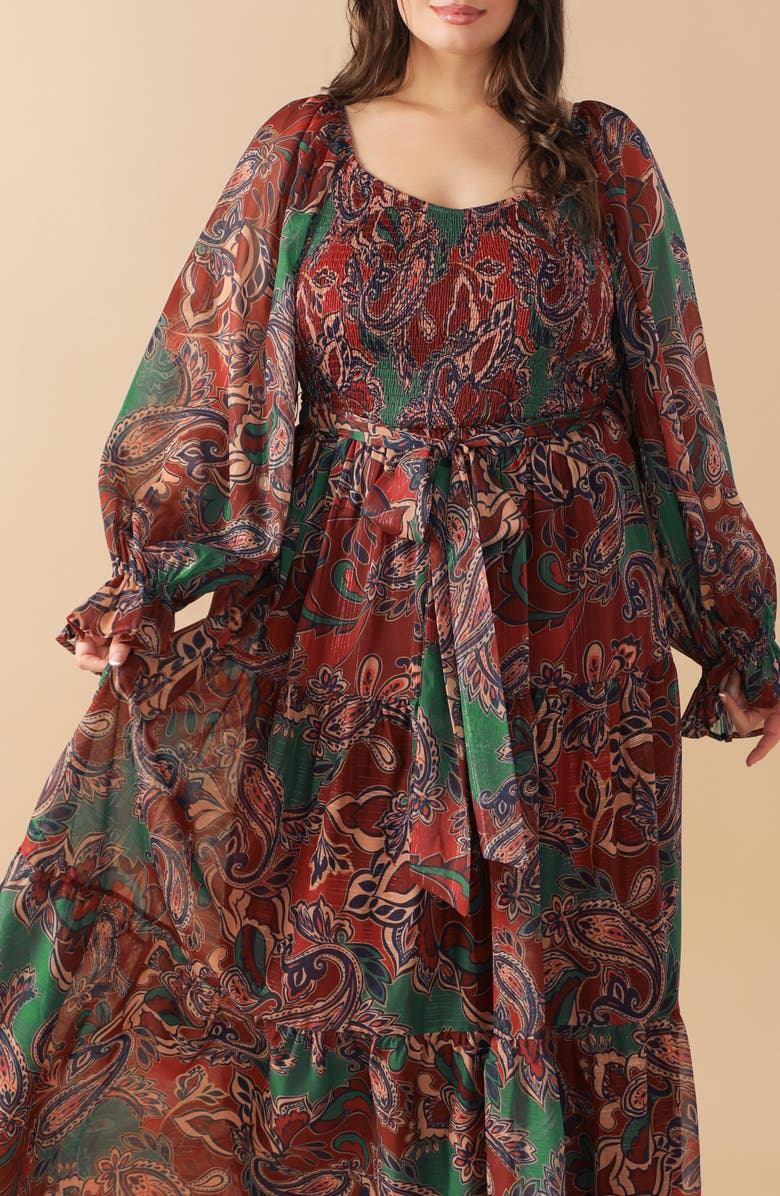 FLYING TOMATO Paisley Smocked Long Sleeve Maxi Dress, Alternate, color, Wine/ Teal