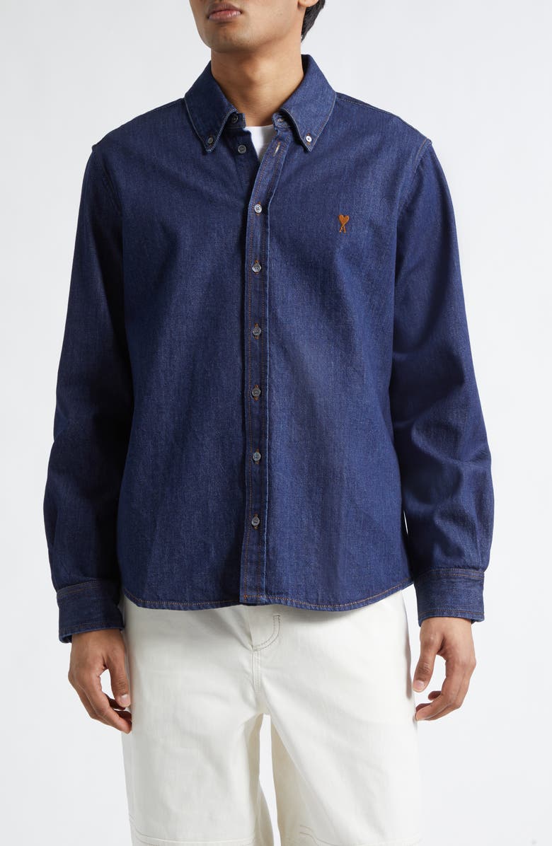 AMI PARIS Ami de Coeur Denim Button-Down Shirt, Main, color, Indigo