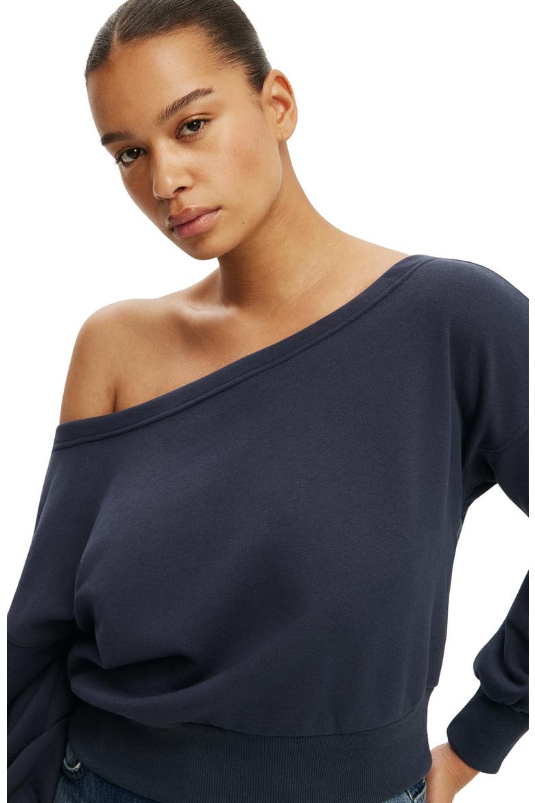 Women's Relaxed Off Shoulder Sweatshirt, Alternate, color, Shadow Navy