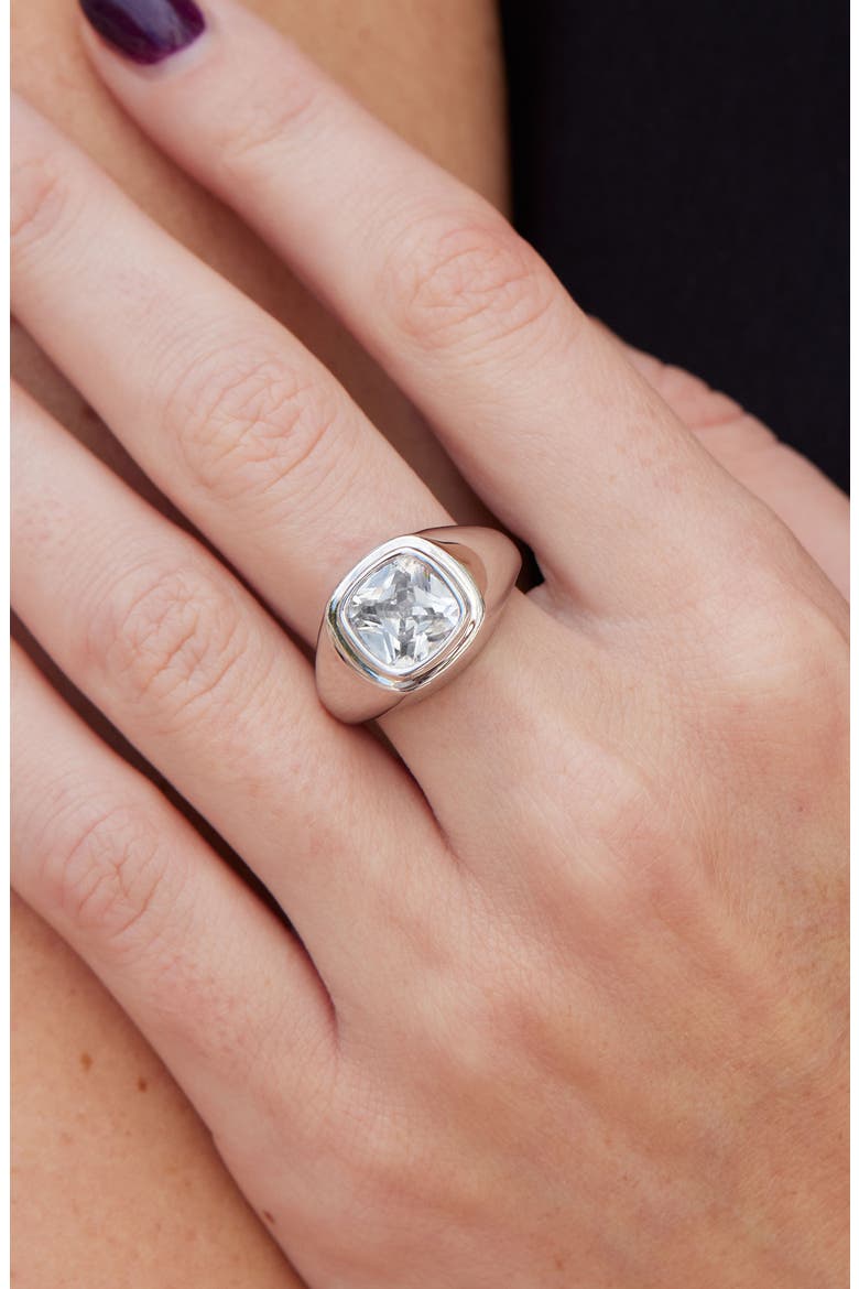 Step Up Cubic Zirconia Signet Ring, Alternate, color, SILVER