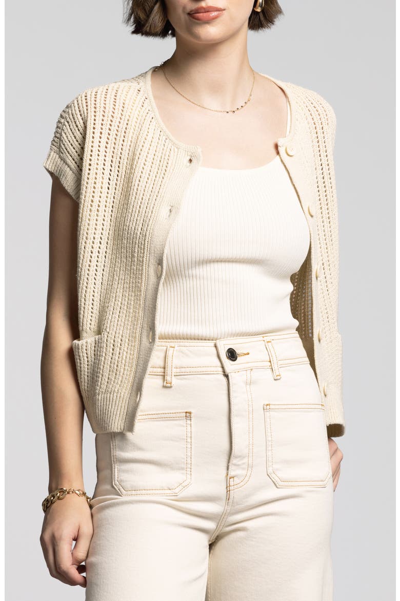 Violette Short Sleeve Linen & Cotton Cardigan, Main, color, BONE