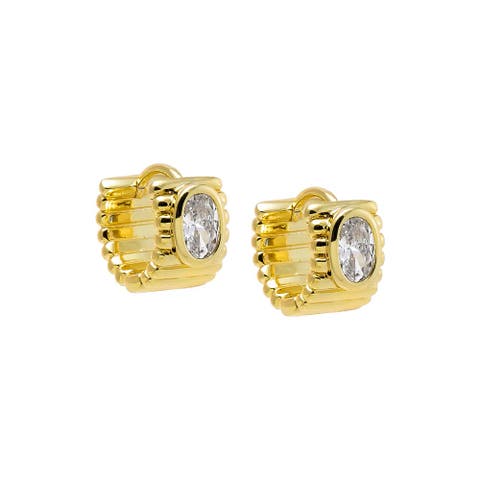 CZ Oval Bezel Ridged Huggie Earring