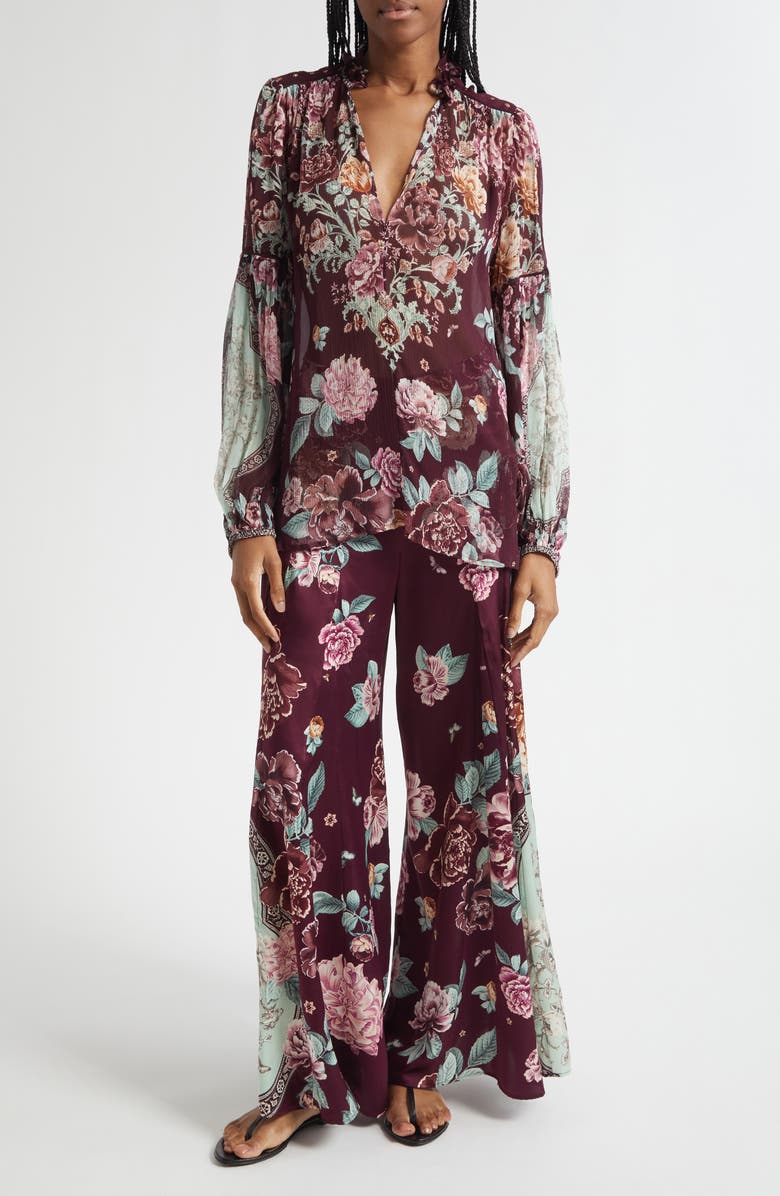 Camilla If These Tiles Could Talk Flared Silk Satin Lace-Up Pants, Alternate, color, If These Tiles Could Talk