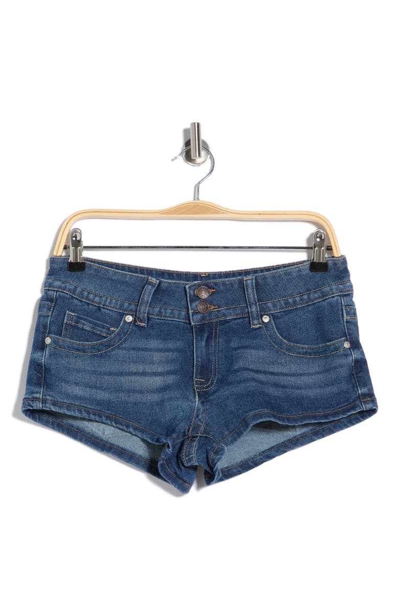 Button Flap Micro Mini Denim Shorts, Alternate, color, DARK WASH