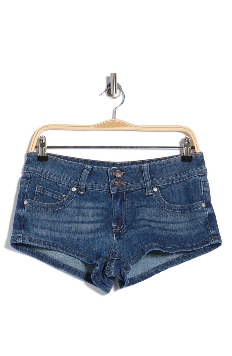 Madden Girl Button Flap Micro Mini Denim Shorts, Main, color, Dark Wash