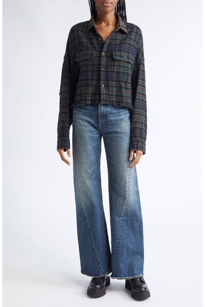Plaid Crop Button-Up Work Shirt, Alternate, color, OVERDYED TEAL / NAVY / PLAID