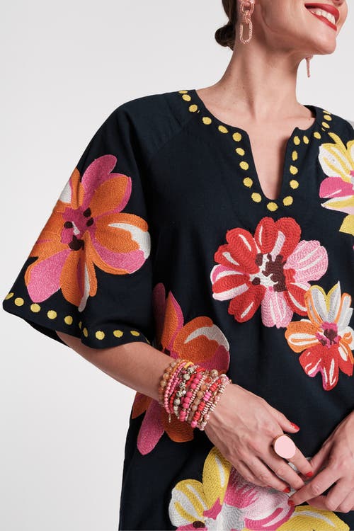 Frances Valentine Charming Caftan Mini Sun Floral Cotton Linen In Navy/multi