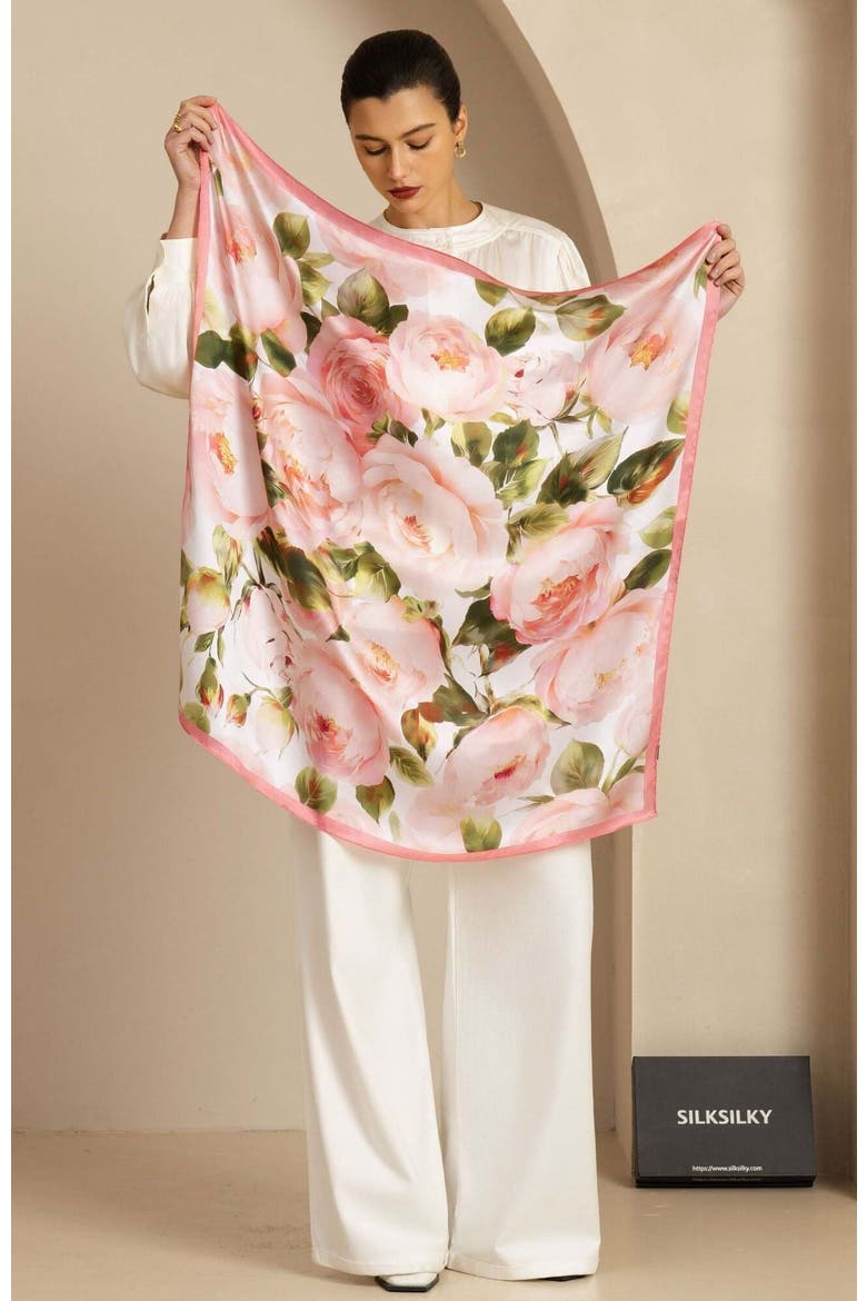 Pure Silk Pink Floral Print Square Scarf, Alternate, color, Multi