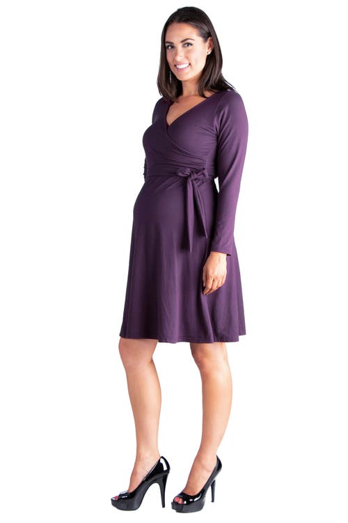 24seven Comfort Apparel Chic V-neck Long Sleeve Belted Maternity Dress In Purple