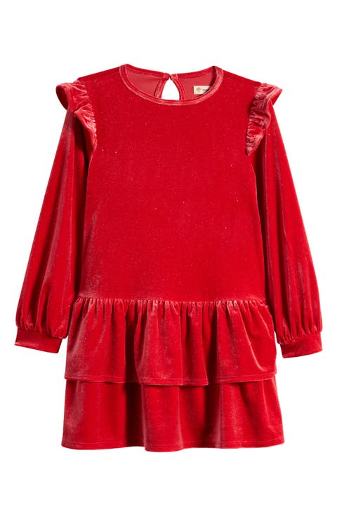 Kids' Sparkle Ruffle Long Sleeve Velvet Dress (Little Kid & Big Kid)