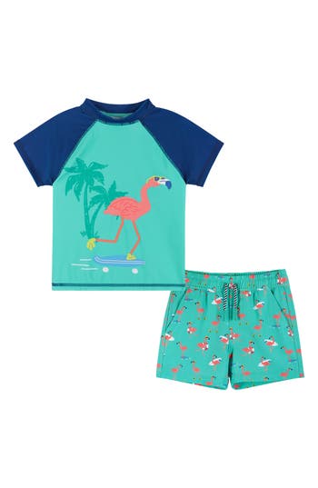 Andy & Evan Flamingo Rashguard T-shirt & Swim Shorts Set In Aqua Flamingo