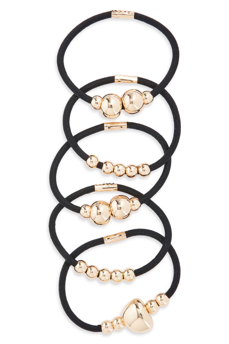 5-Pack Beaded Ponytail Holders, Main, color, BLACK- GOLD
