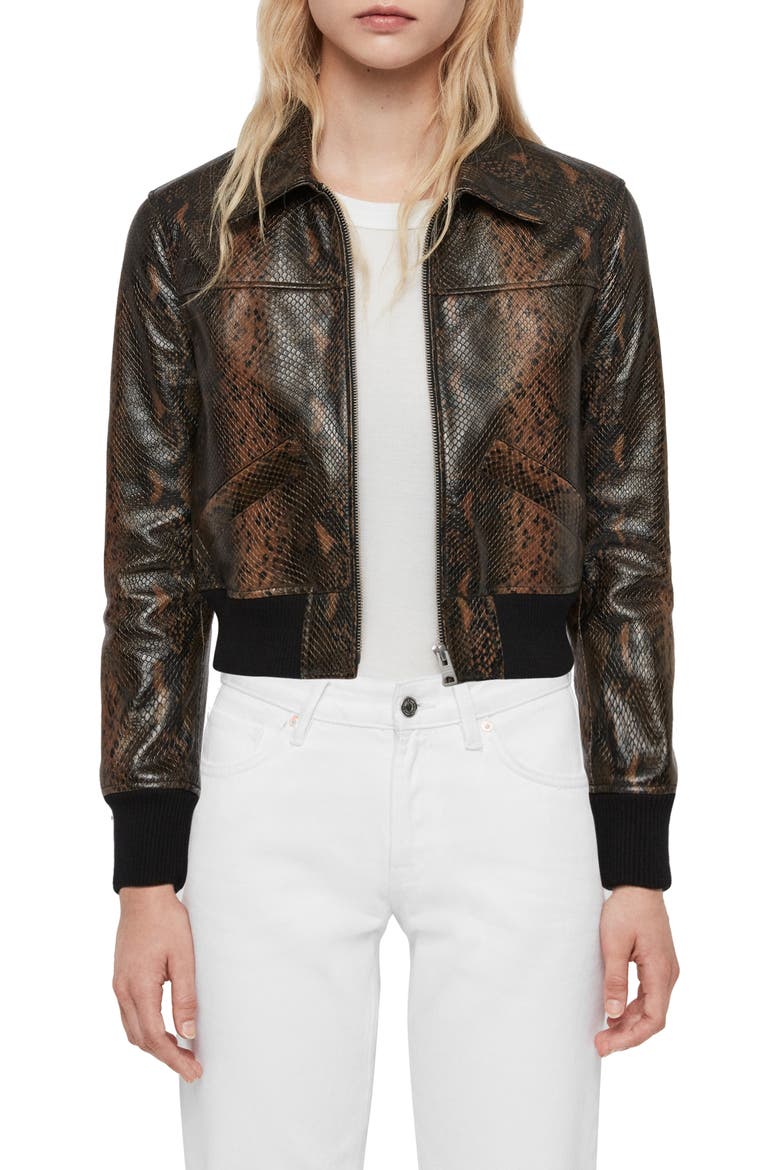Pascao Oba Snake Print Leather Bomber, Main, color, KHAKI GREEN