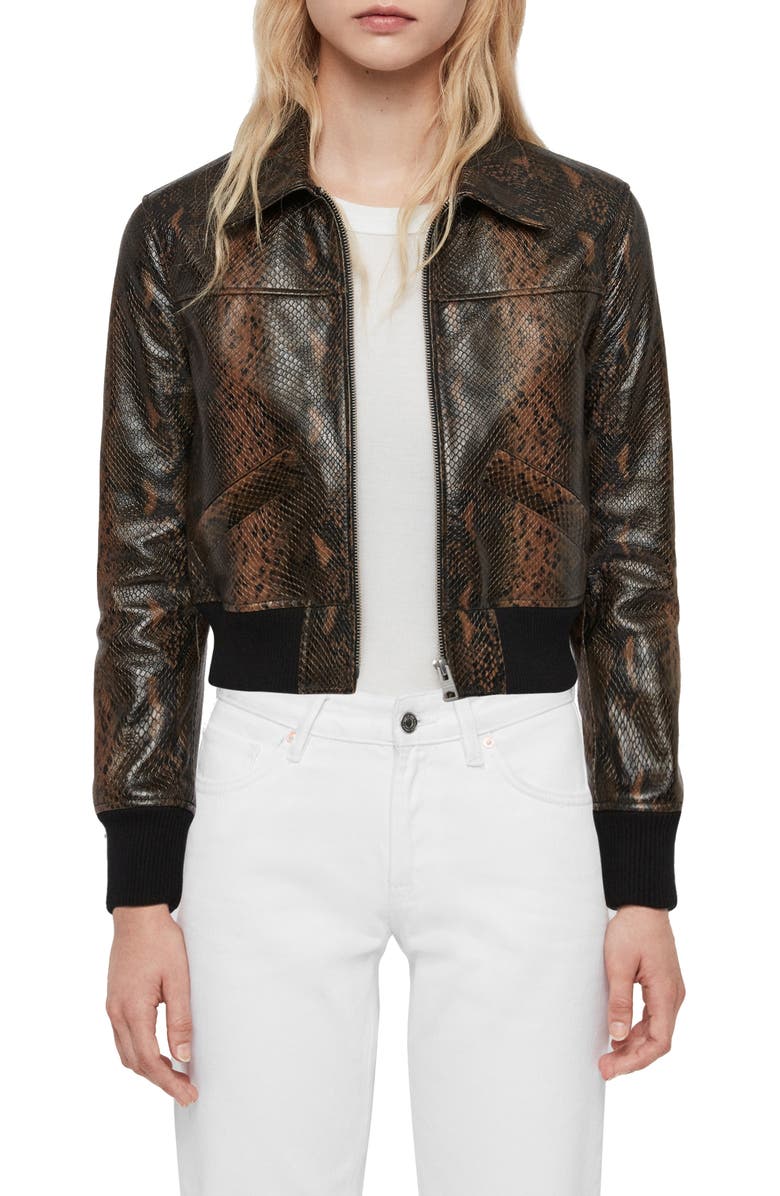 AllSaints Pascao Oba Snake Print Leather Bomber, Main, color,